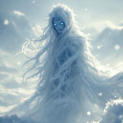 The primary subject of the image is a person, possibly a woman, dressed in a white robe with long hair. The person appears to be walking through a snowy landscape, possibly in a mountainous area. The setting includes a cloudy sky and a snow-covered ground, creating a cold and atmospheric environment. The visual style of the image is a combination of photo and digital art, giving it a unique and artistic appearance. The dominant colors in the image are white and blue, which contribute to the overall mood of